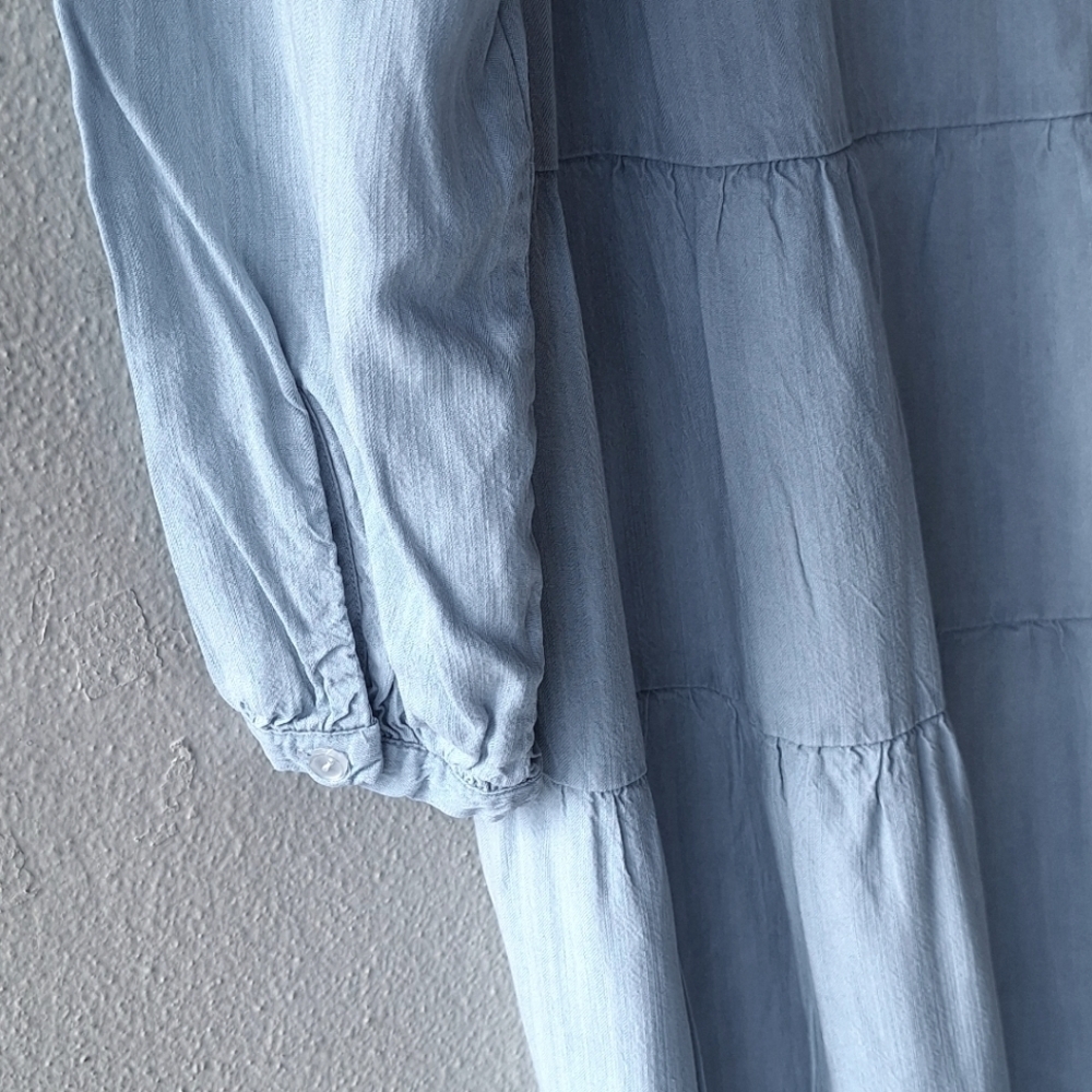Dip Women's Light Blue Denim Tiered Ruffle Notched Neck Dress Size L - Picture 5 of 6
